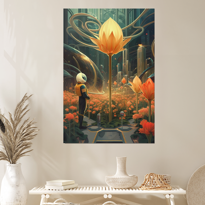 Nostalya - Futuristic City Art Print, Astronaut and Giant Flowers Poster, Sci-Fi Urban Landscape, Space Botanical Wall Art, Fine Art Poster