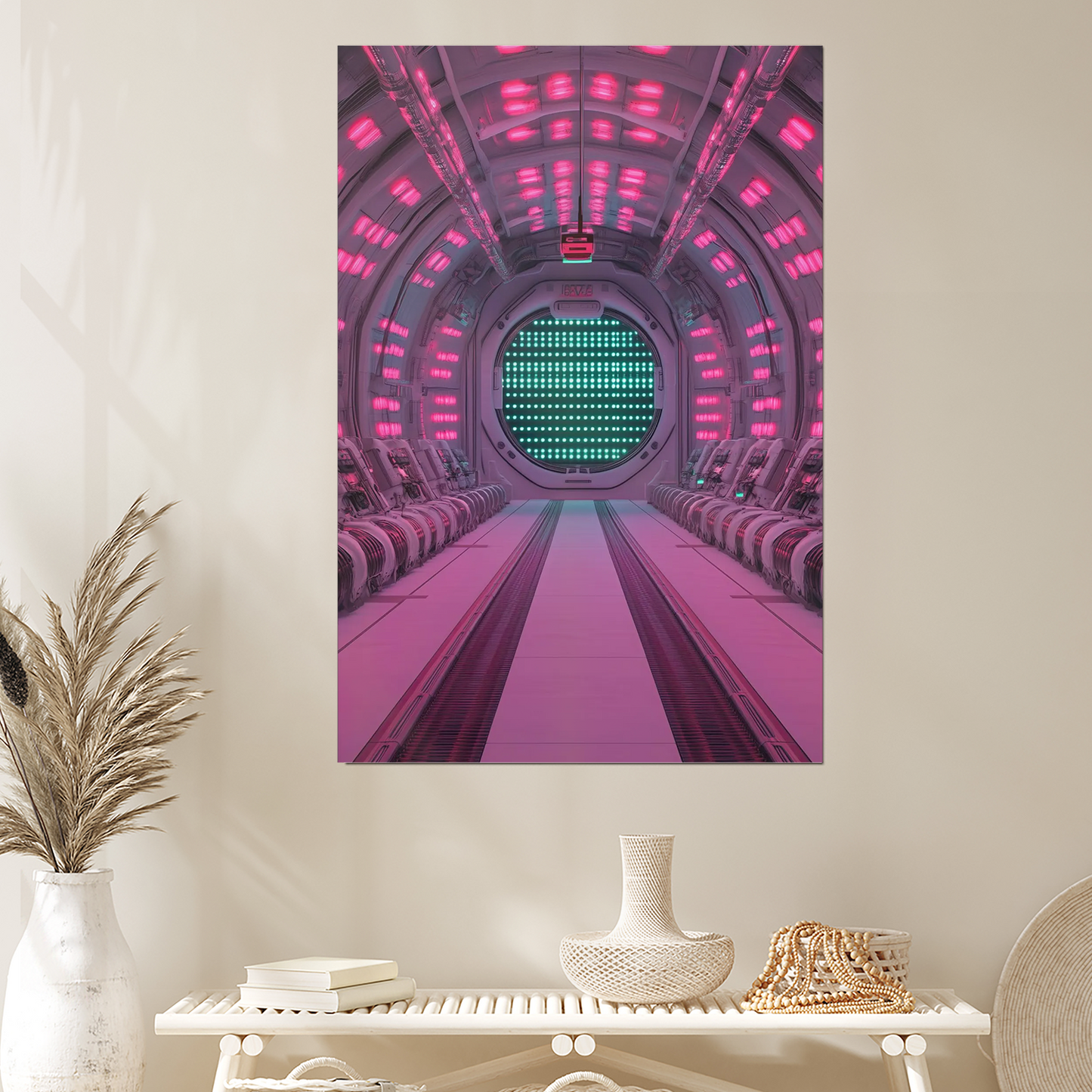 Neon Passage – Galactic Cyberpunk Sci-fi Wall Art – Vivid Spaceship Interior with Futuristic Passenger Seats – Cosmic Fantasy Framed Poster