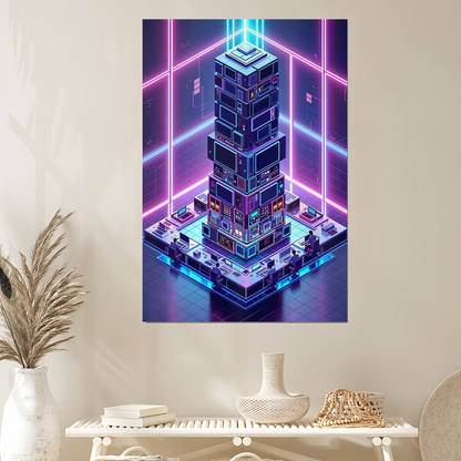 Retro Futurism Computer Lab Poster Isometric Neon Tech Wall Art Retro Future Poster