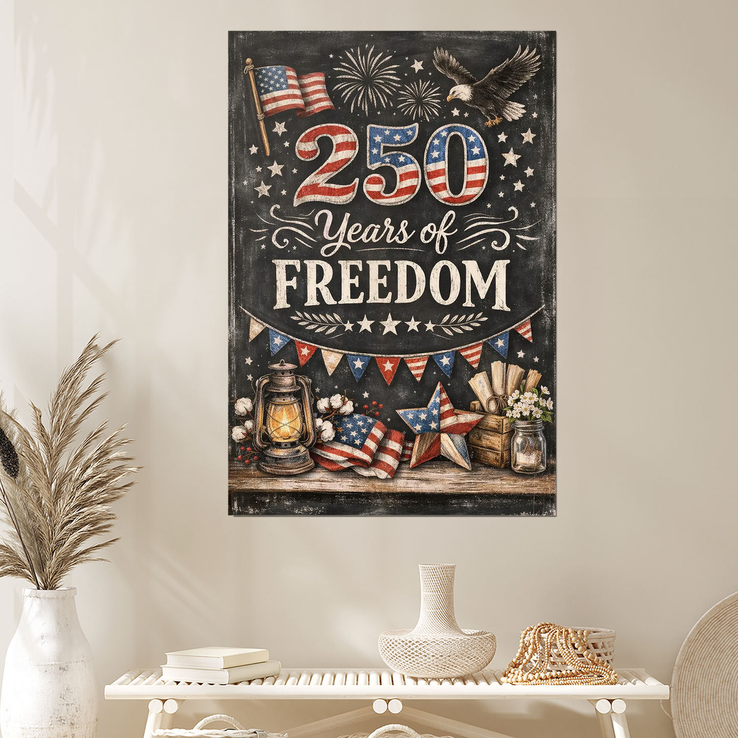 250 Years of Liberty – America 250 (1776–2026) Farmhouse Patriotic Decor – Rustic Independence Wall Print