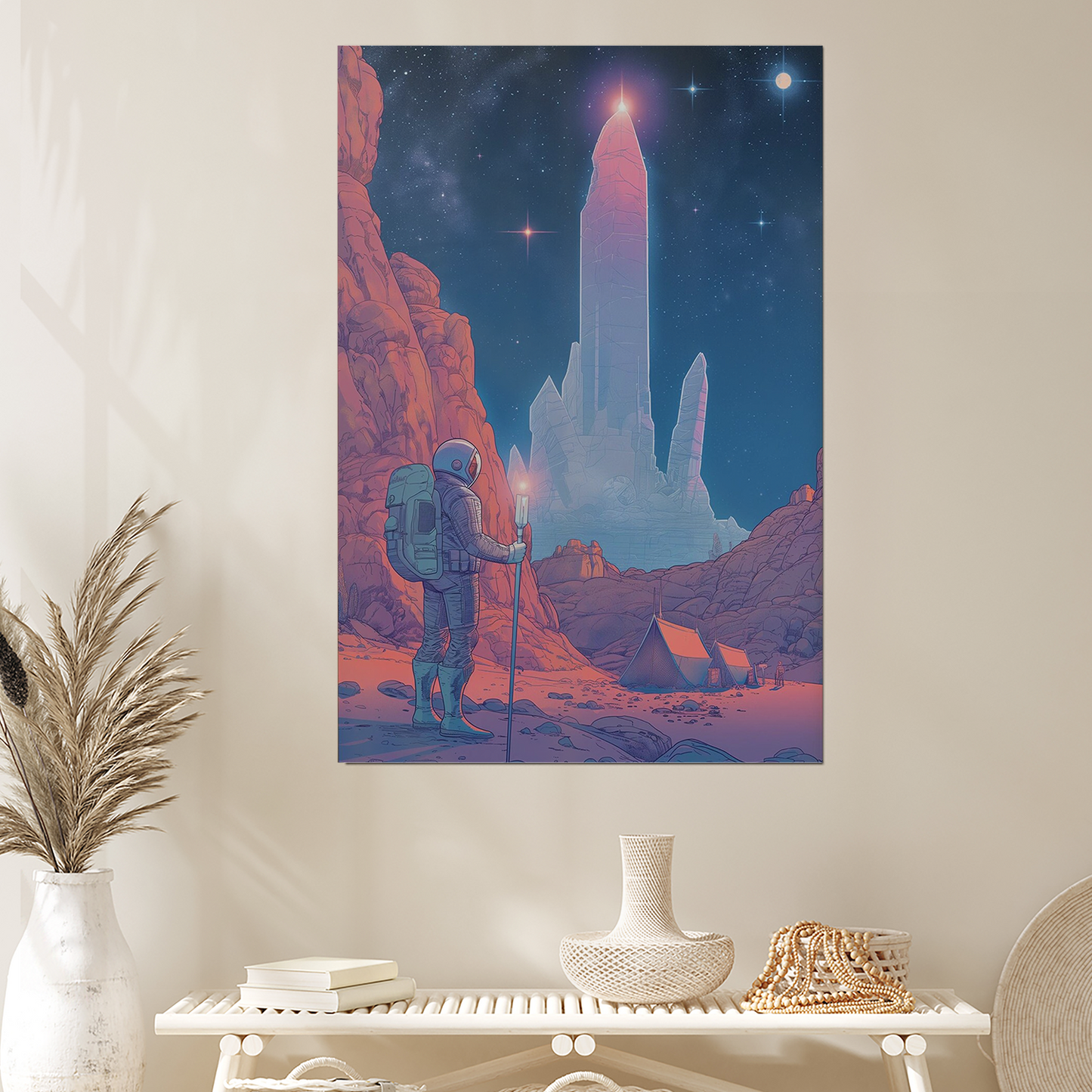 Retro Sci-Fi Astronaut Art Print - Alien Monolith Landscape - Vintage Space Explorer Poster - Moebius Inspired Art