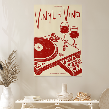 Vinyl & Vino Print | Music Poster | Home Decor | Wine | Illustration | Record | Bar | Trendy | Retro | Kitchen Dining Room | Mid Century