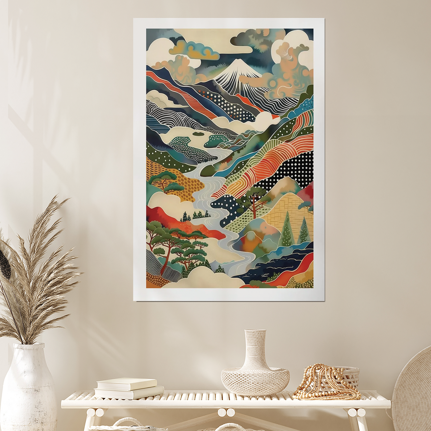 Mount Fuji Print: Colorful Japanese Landscape Art - Modern Japandi Style