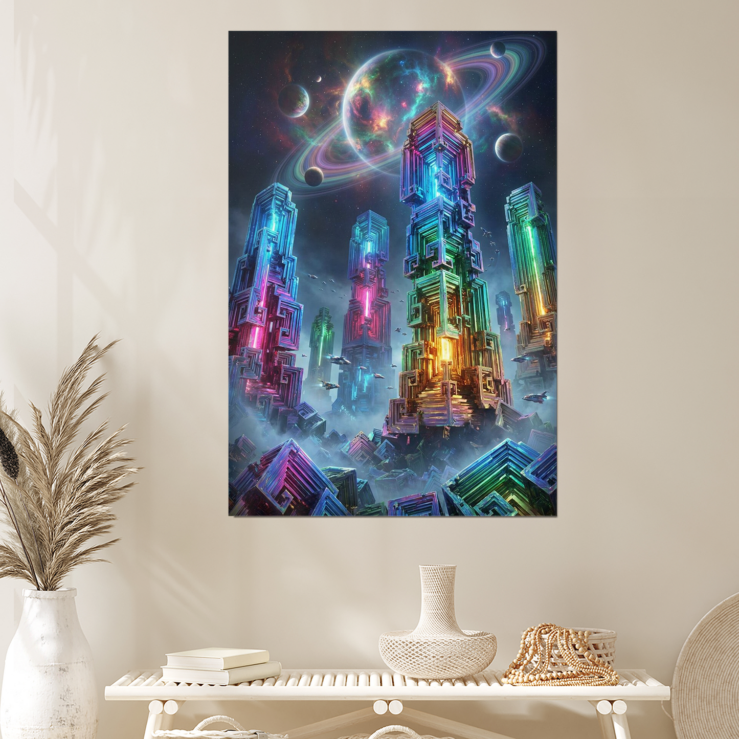 Bismuth Crystal Sci Fi Wall Art, Surreal Alien City Print, Neon Space Poster, Cyberpunk Gaming Room Decor