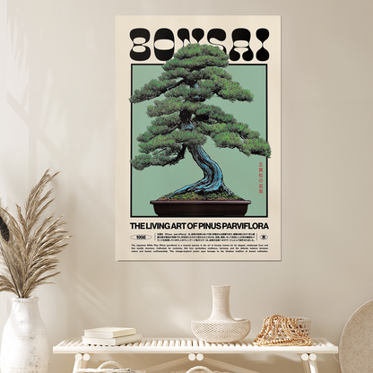 Bonsai Art Print: Retro Japanese White Pine Botanical Poster