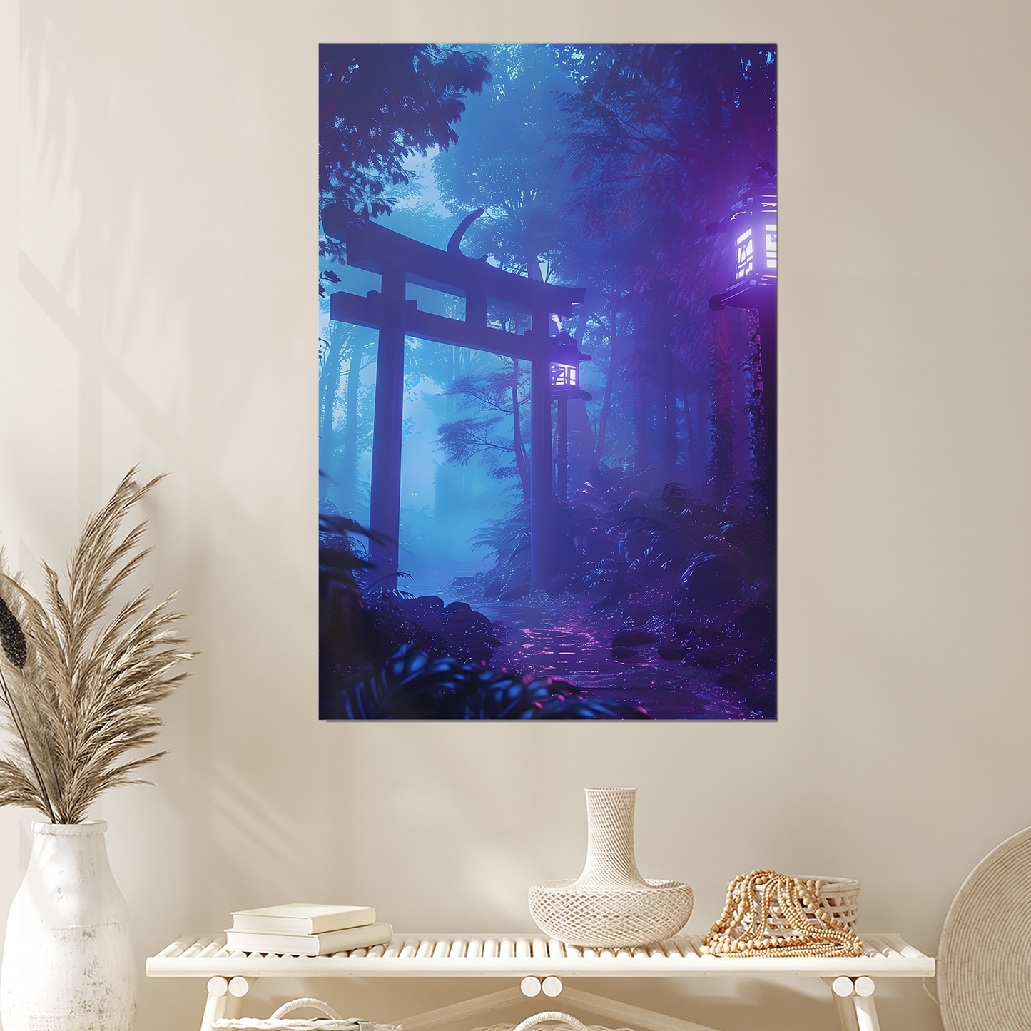 Neon Japanese Forest Poster - Mystical Torii Gate Wall Art - Ethereal Zen Garden Print - Lofi Aesthetic Decor
