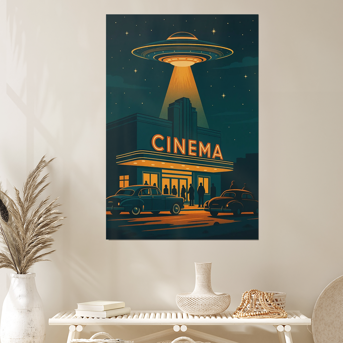 Retro UFO Cinema Poster, Mid Century Sci Fi Wall Art, Space Age Illustration