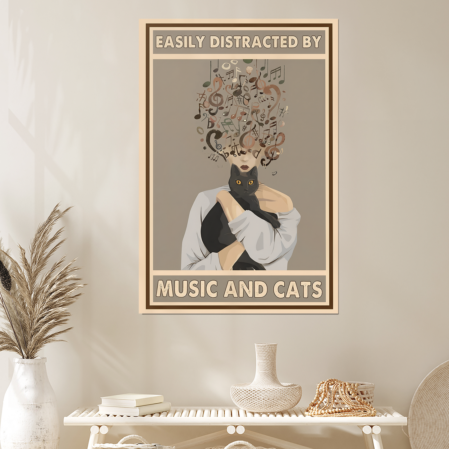 Home Decor- Black Cat Easily Distracted By Music And Cats Poster, One Sheet Wall Size 24''x36''