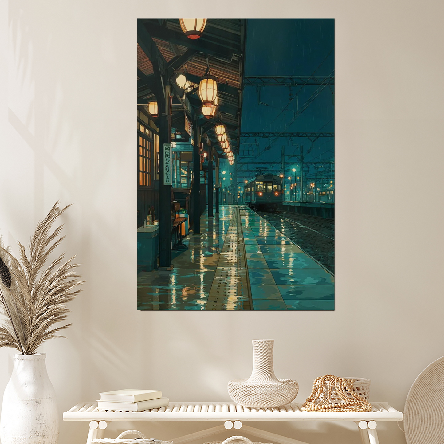 Japanese Train Crossing Poster, Rainy Night Wall Art In Cinematic Style For Bedroom Living Room Decor Style 3