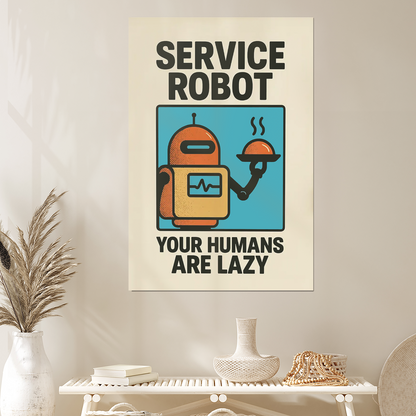 Funny Service Robot Artful Poster – Lazy Human Quote Wall Art, Minimal Typography Print, Modernism Digital Download Print