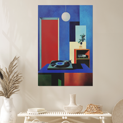 Abstract Record Player Room Art Print Poster, Blue Geometric Studio Wall Art, Modern Minimalist Music Poster
