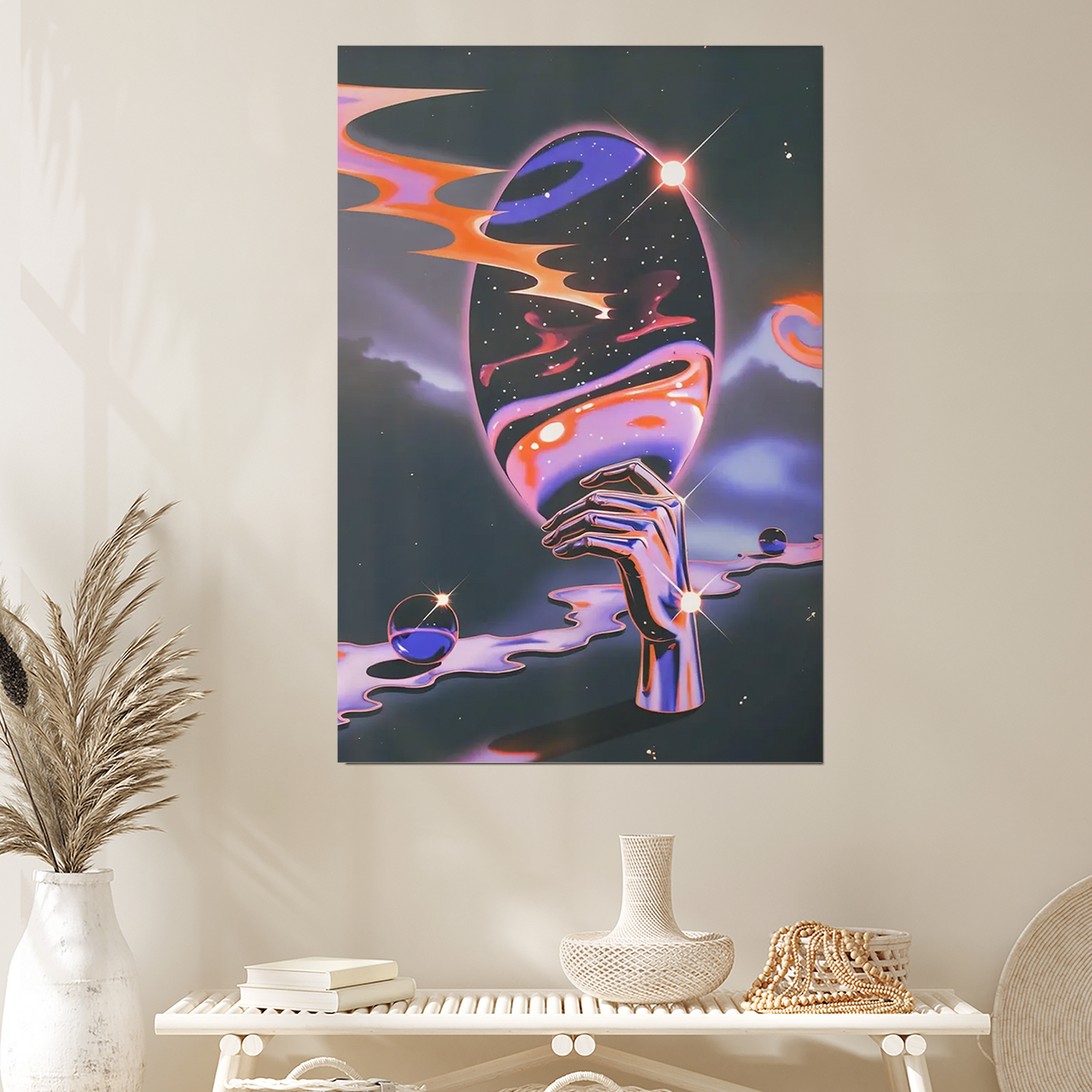 Surreal Space Hand Artwork, Psychedelic Sci-Fi Poster, Futuristic Cosmic Wall Art, Trippy Room Decor