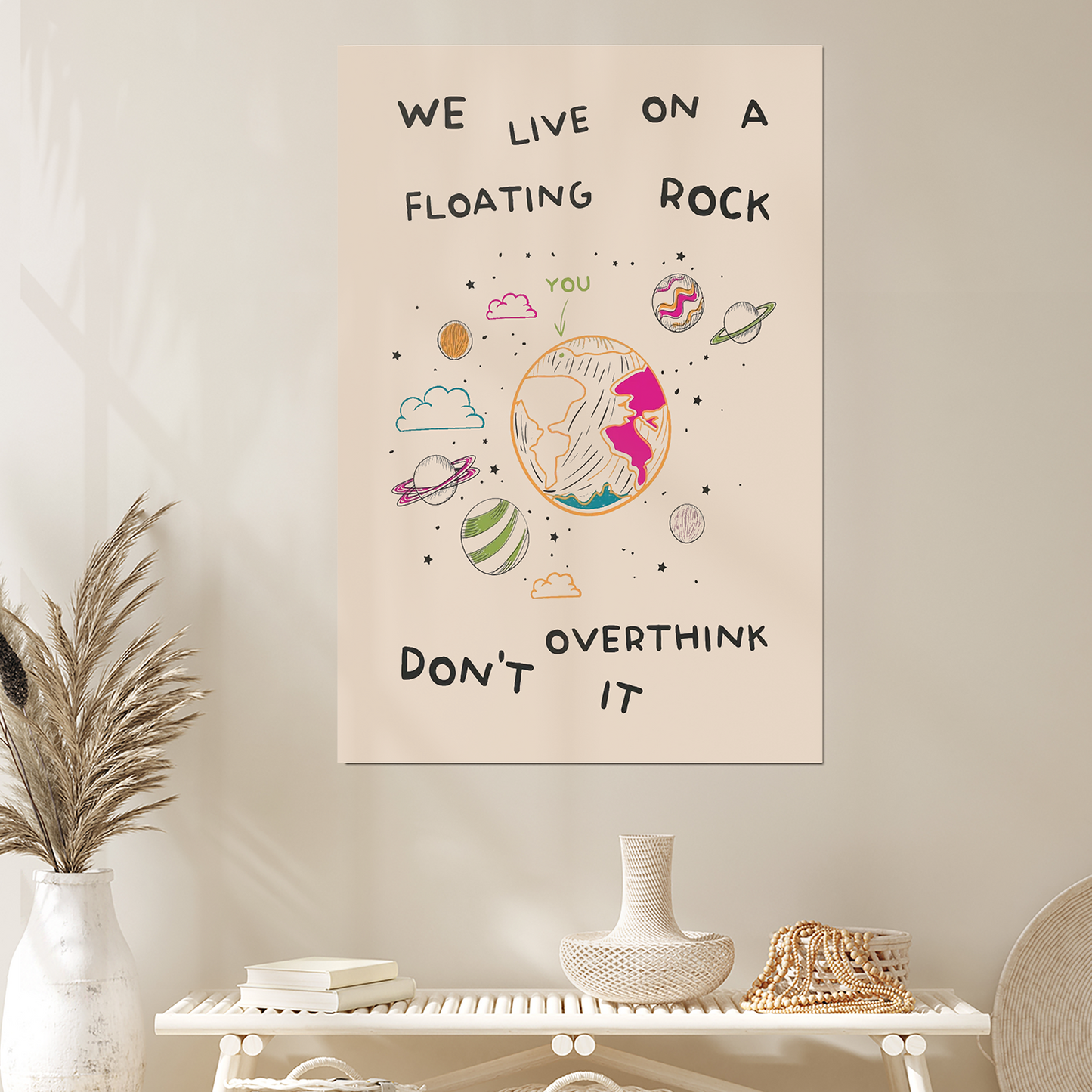 Don't Over Think It Quote Print | Girly Pink Preppy Printable Dorm Room Art | Trendy Inspirational & Motivational Typography