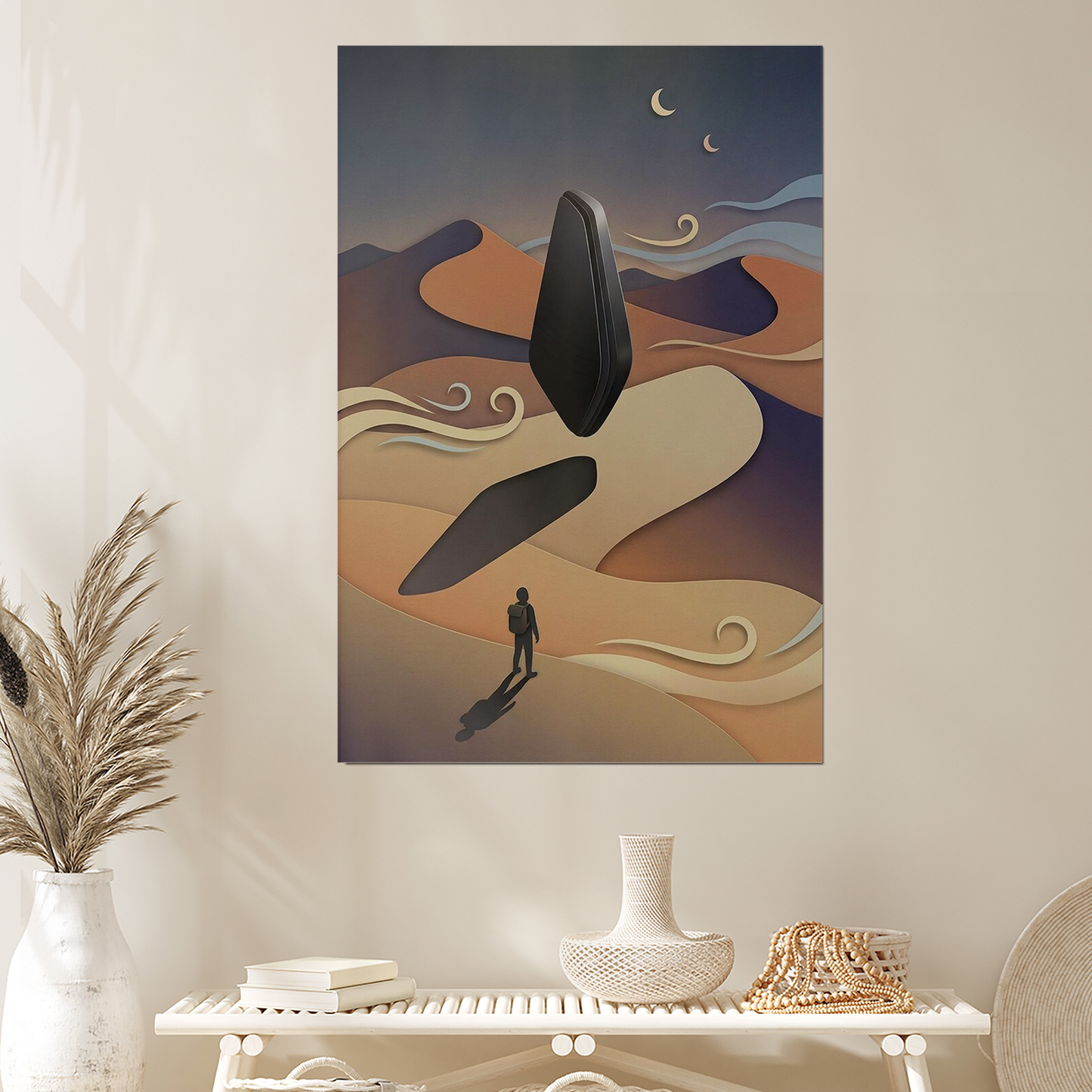 Surreal Desert Traveler Wall Art | Floating Black Monolith Print | Cinematic Night Decor Print