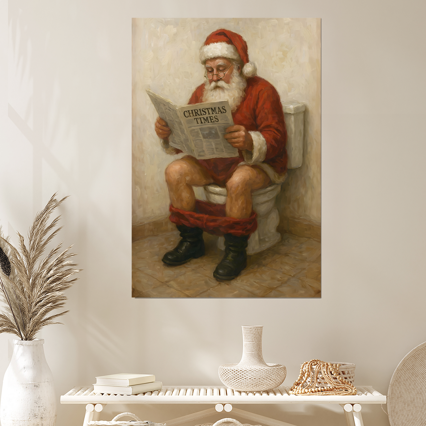 Santa on Toilet Poster, Vintage Christmas Painting Wall Art Poster, One Sheet Wall Size 24''x36''