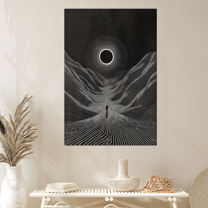 Minimalist Eclipse Wall Art - Black and White Surreal Landscape - Cosmic Path Artwork - Sci-Fi Furrealism Poster