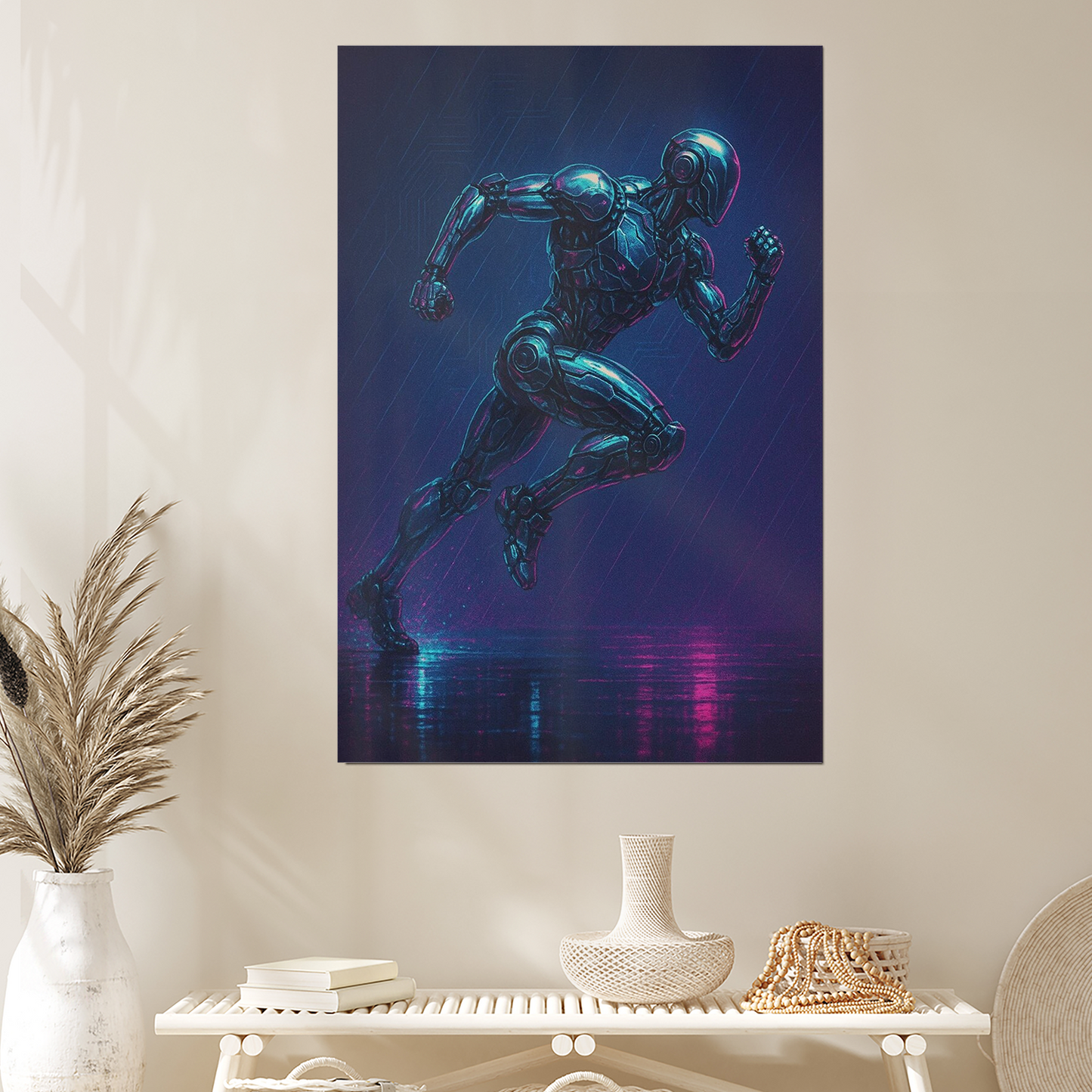 Mecha Runner at Dusk – Neon Cyberpunk Action Poster