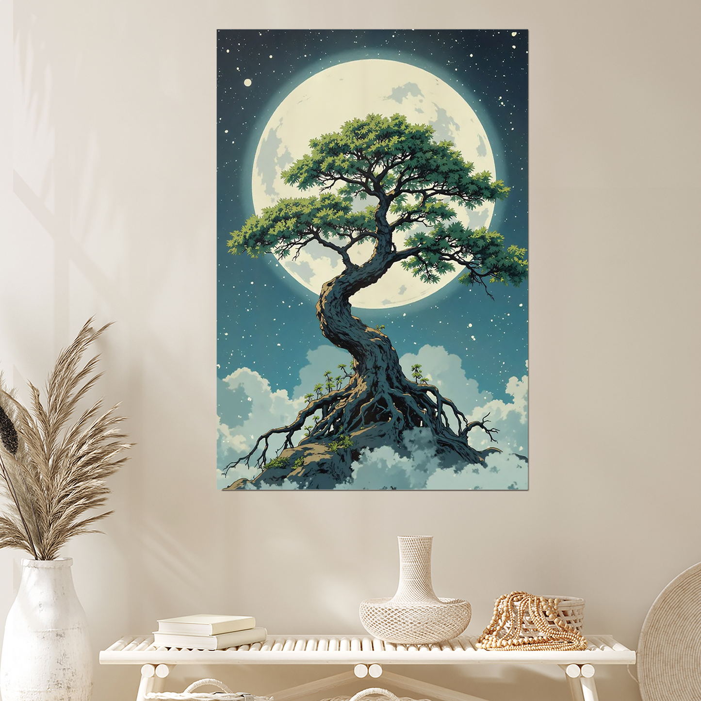 Mystical Bonsai Tree Art Print | Fantasy Moon & Clouds | Japanese Zen Wall Decor | Dreamy Night Sky Poster