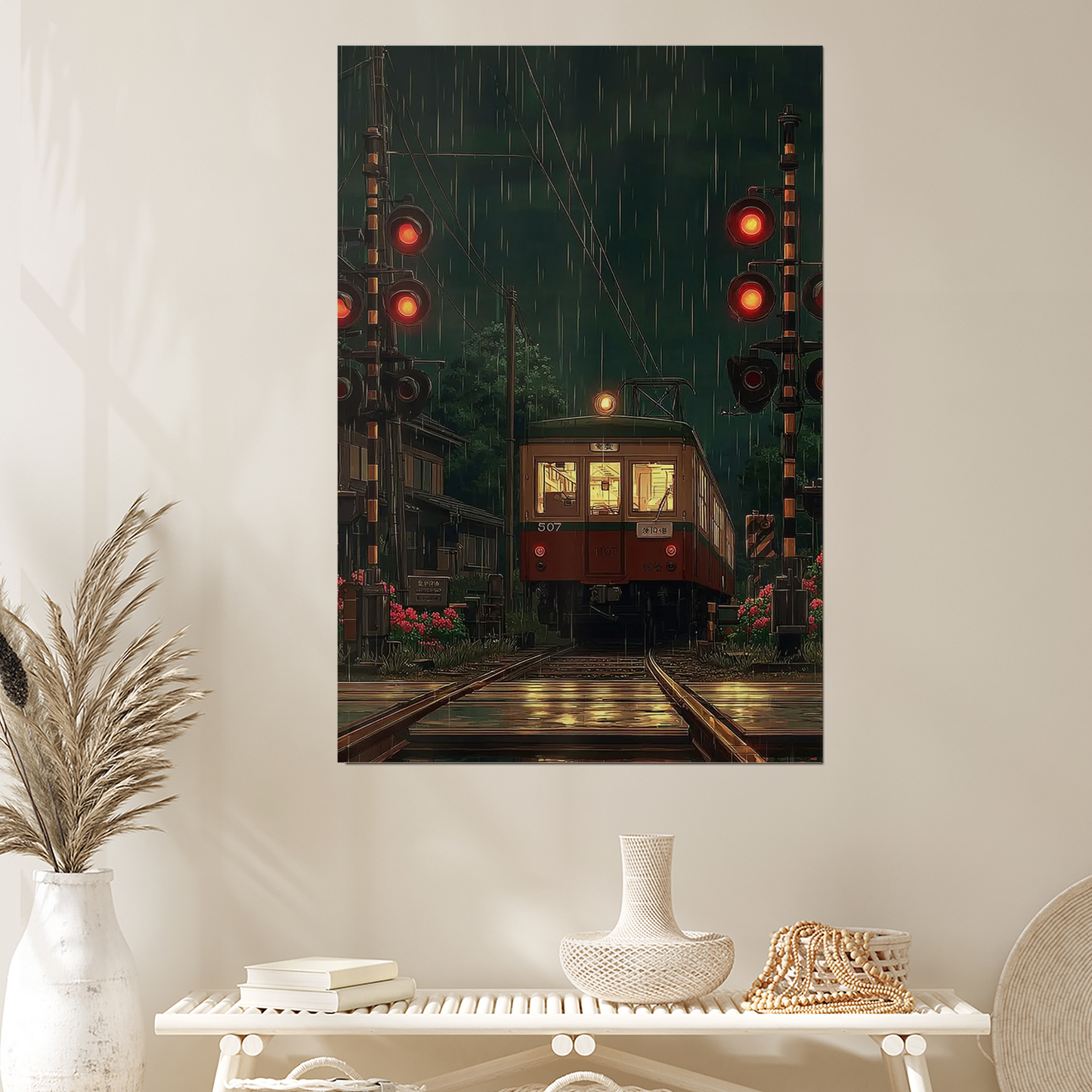 Japanese Train Crossing Poster, Rainy Night Wall Art In Cinematic Style For Bedroom Living Room Decor Style 2