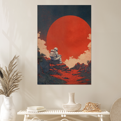 Astronaut Sitting By Red Sun, Japanese Retrofuturism Poster