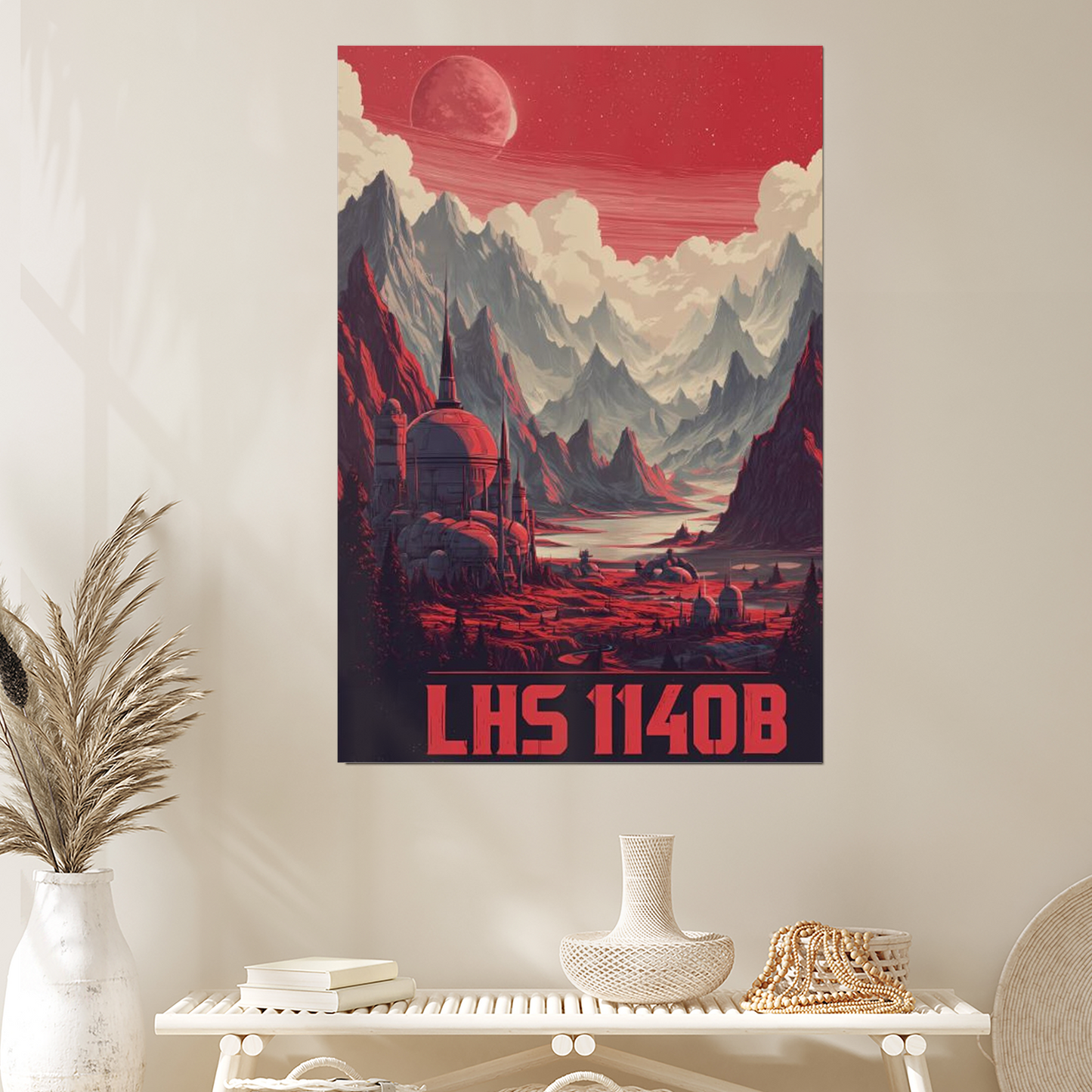 Futuristic LHS 1140B Travel Poster Retro Futurism Sci Fi Super Earth Illustration Space Colony Alien Landscape Retro Cosmic Style 4 Wall Poster