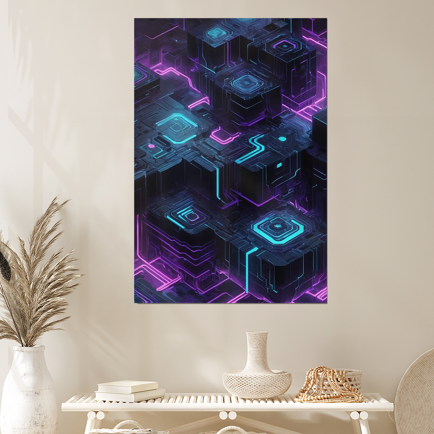 Cyberpunk Cityscape Art Print: Neon Circuit Board Tech Decor