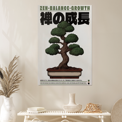 Zen Bonsai Tree Poster – Retro Japanese Wall Art, Pixel Nature Print, Minimal Zen Decor