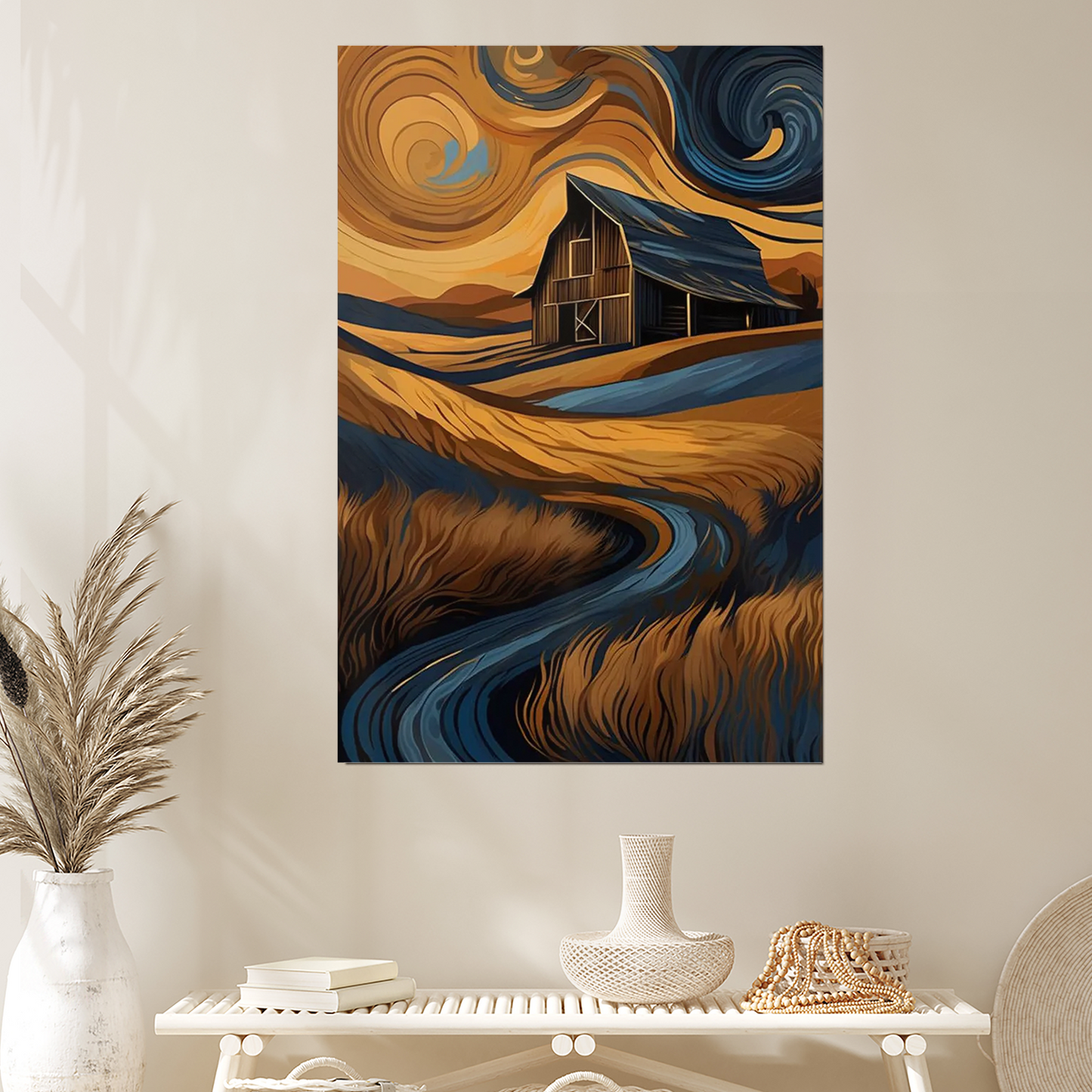Rustic Barn Landscape Art Canvas Print or Poster: Van Gogh Style Countryside
