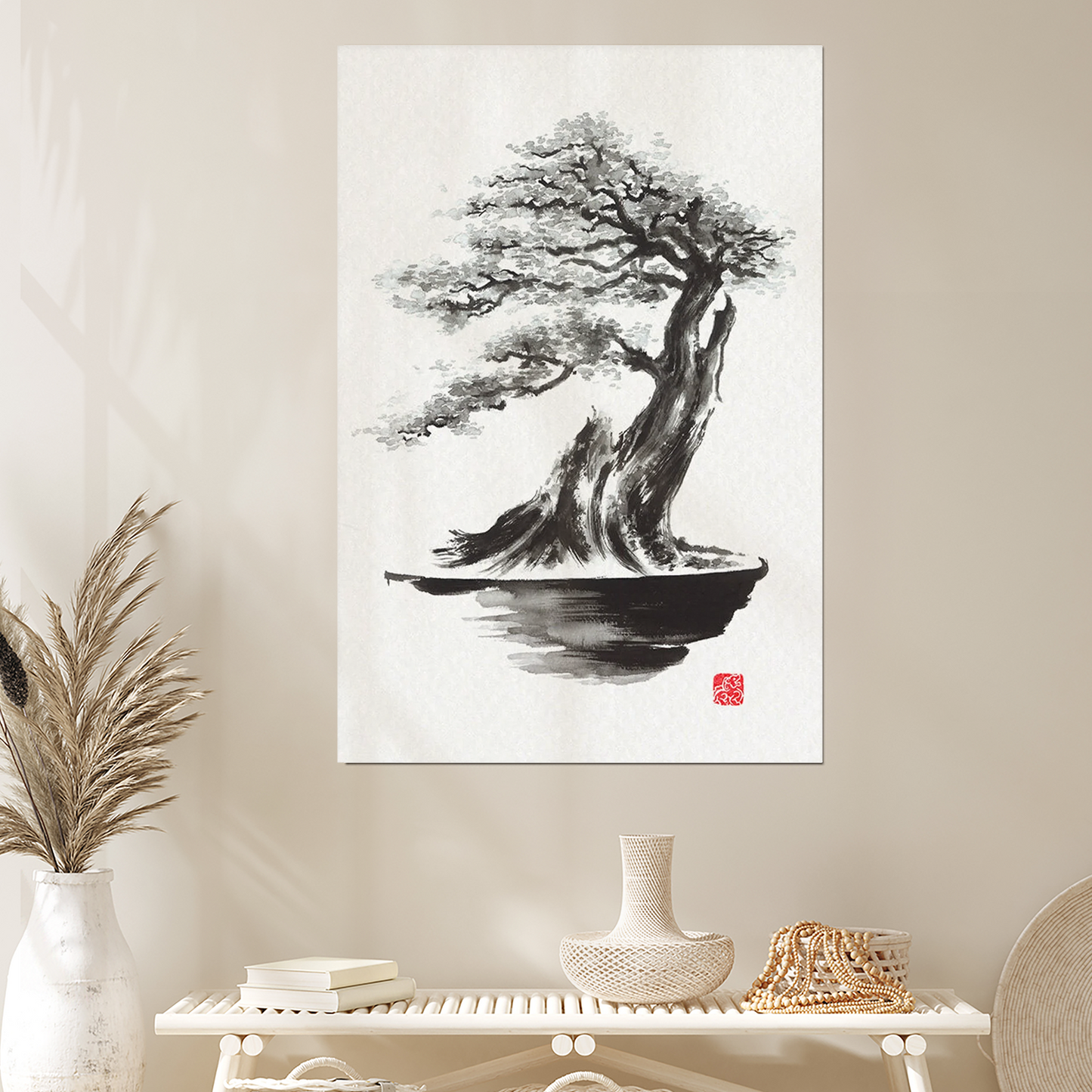 Bonsai Tree Art Print: Sumi-e Ink Painting Poster
