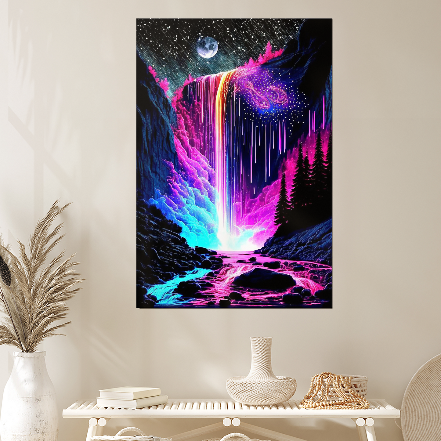 Neon Galaxy Waterfall Print • Psychedelic Cosmic Landscape Poster
