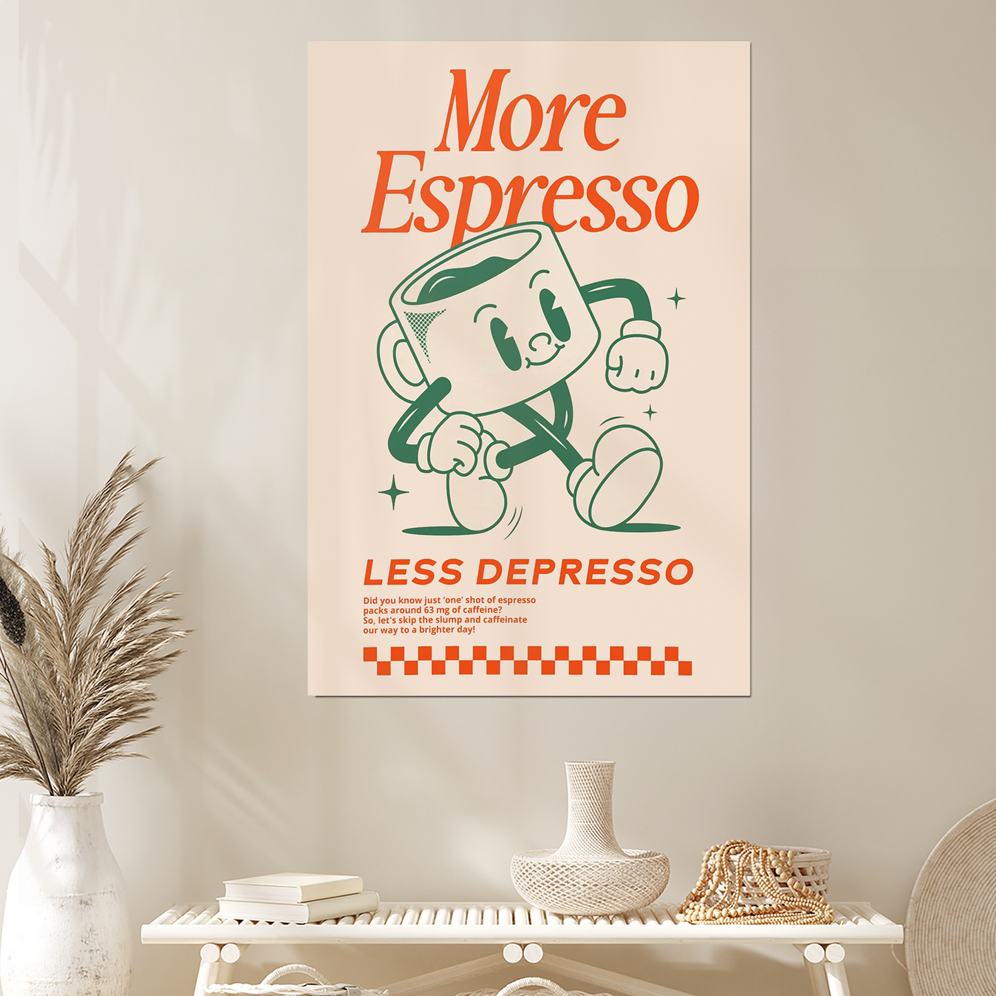 More Espresso Less Depresso Wall Art Print – Retro Coffee Quote for Kitchen, Coffee Bar or Cool Apartment Decor