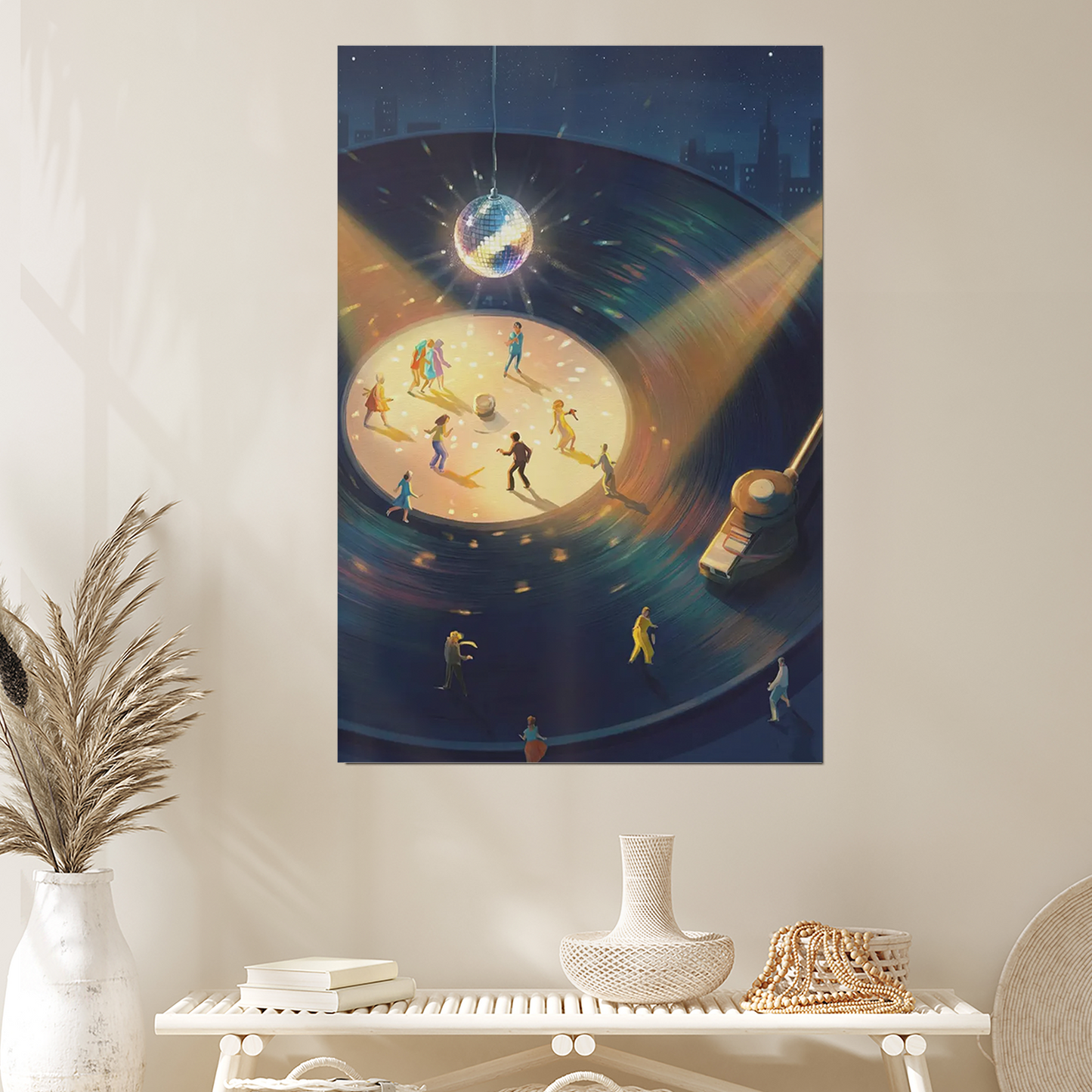 Disco Ball Art Print, Vinyl Record Player, Night Sky Party, Groovy 70s Wall Art, Tiny Dancers Illustration, Funky Music Poster