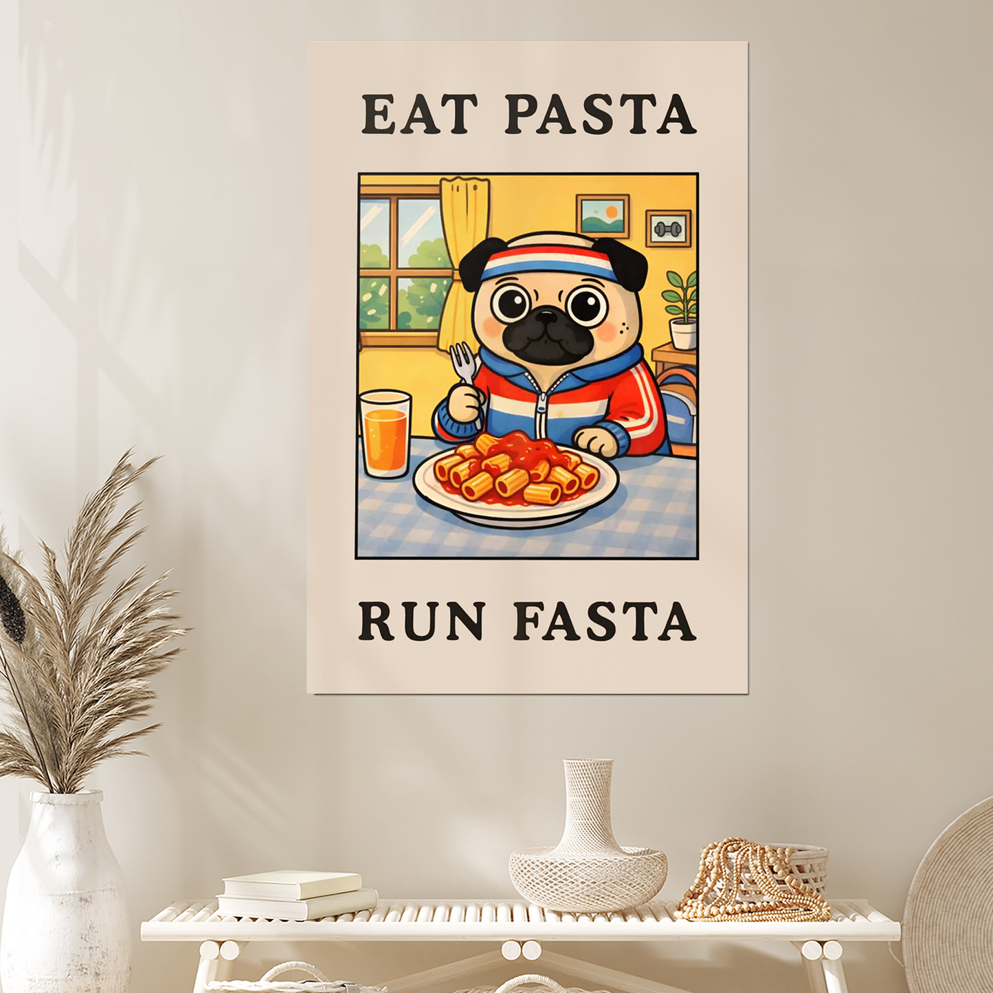 Eat Pasta Run Fasta Dog Poster - Funny Pasta Kitchen Wall Art, Runner Gift Print, Cute Pug Food Poster, Gym Kitchen Decor