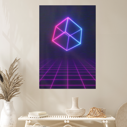 Neon Cube Art Print – Synthwave Purple Grid Poster
