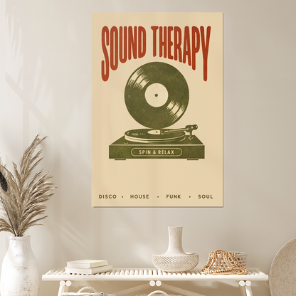 Sound Therapy Print – Retro Vinyl Music Poster, Minimalist Mid Century Record Wall Art, Trendy Bar & Home Decor