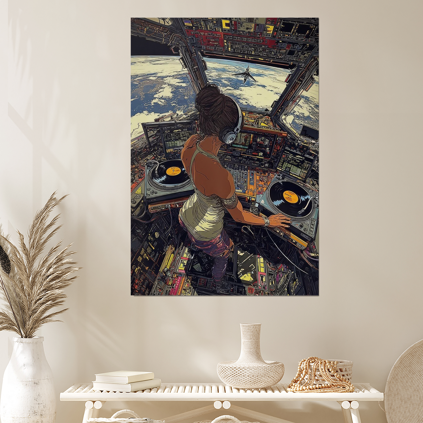 Space DJ Poster – Futuristic Turntable Art Print, Cosmic Music Studio Wall Decor, Sci-Fi Electronic Vibes