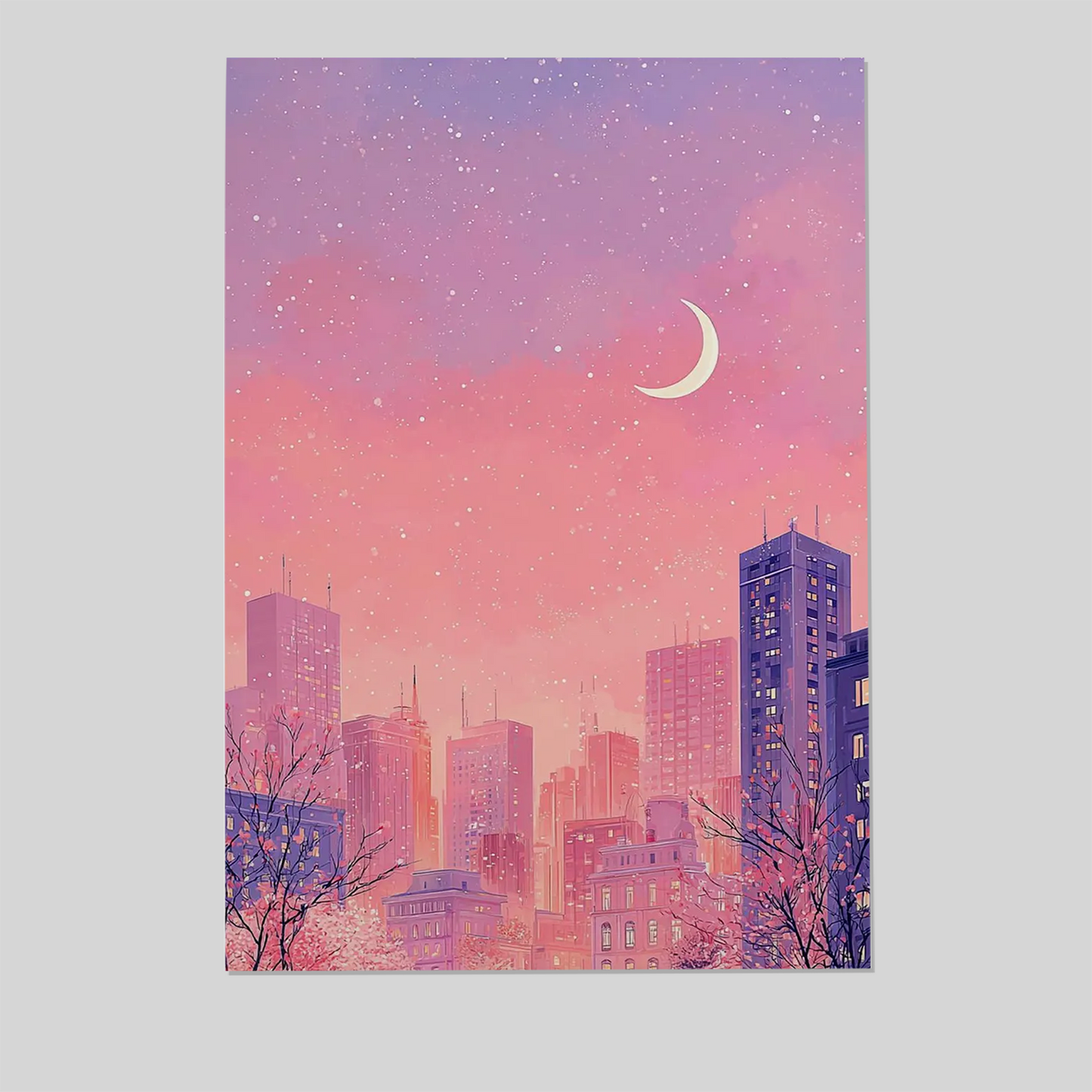 Lofi Cityscape Art Print, Pastel Pink Purple Wall Decor, Vaporwave Poster