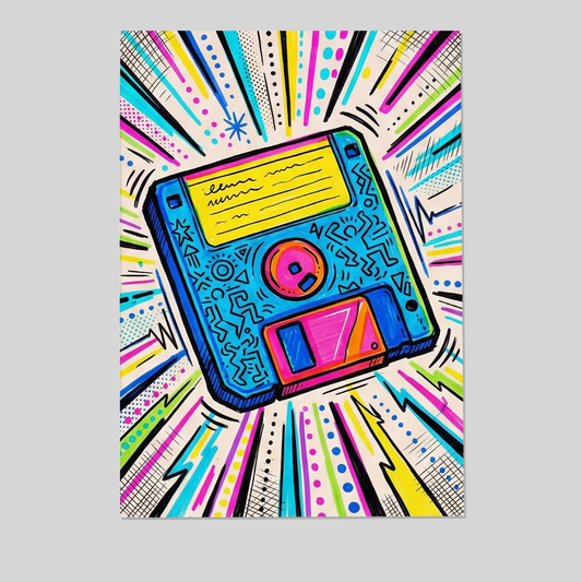 Floppy Disk Art Print 80s 90s Retro Tech Wall Decor Neon Vaporwave Pop Poster