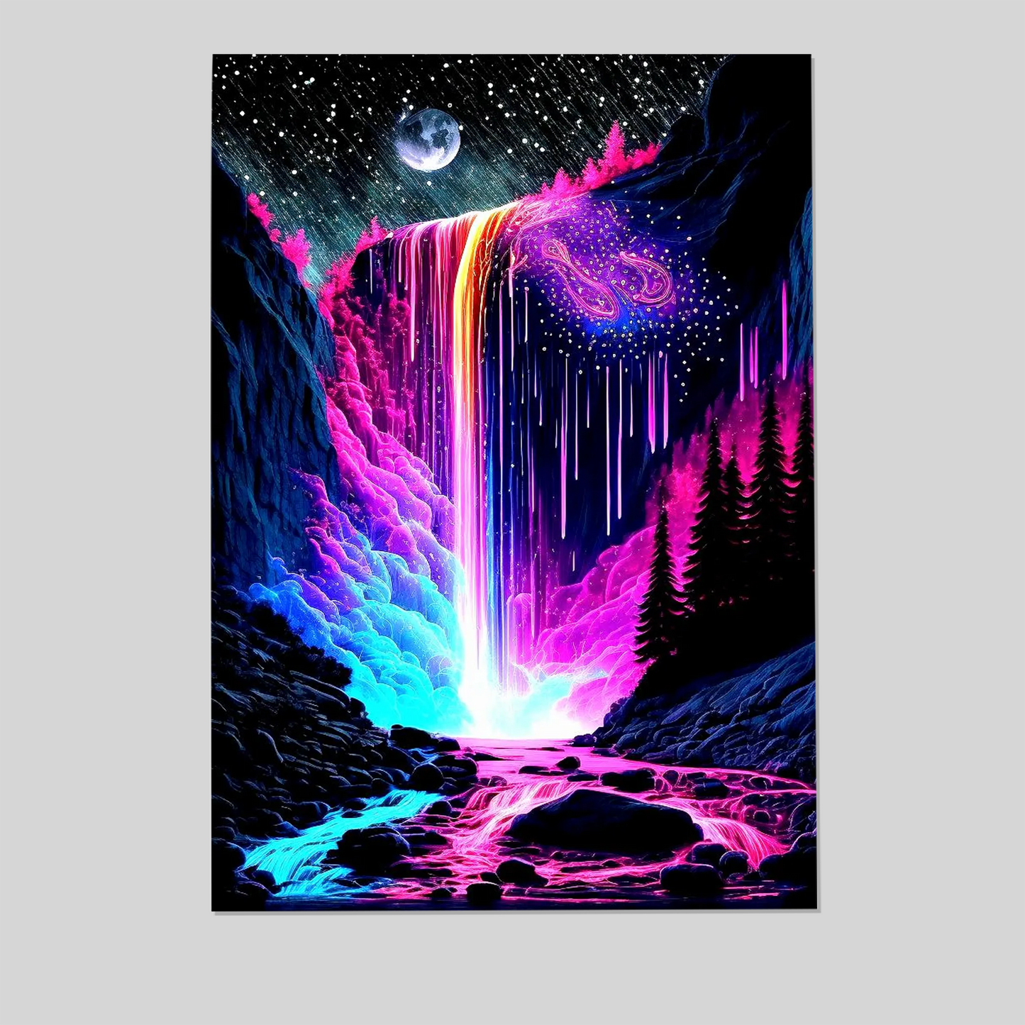 Neon Galaxy Waterfall Print • Psychedelic Cosmic Landscape Poster