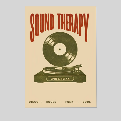 Sound Therapy Print – Retro Vinyl Music Poster, Minimalist Mid Century Record Wall Art, Trendy Bar & Home Decor