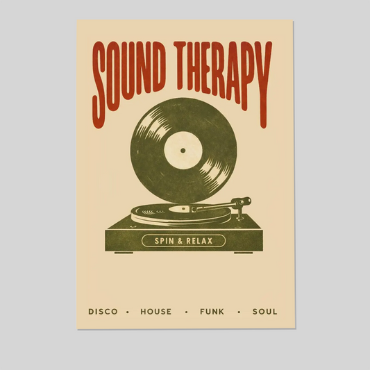 Sound Therapy Print – Retro Vinyl Music Poster, Minimalist Mid Century Record Wall Art, Trendy Bar & Home Decor