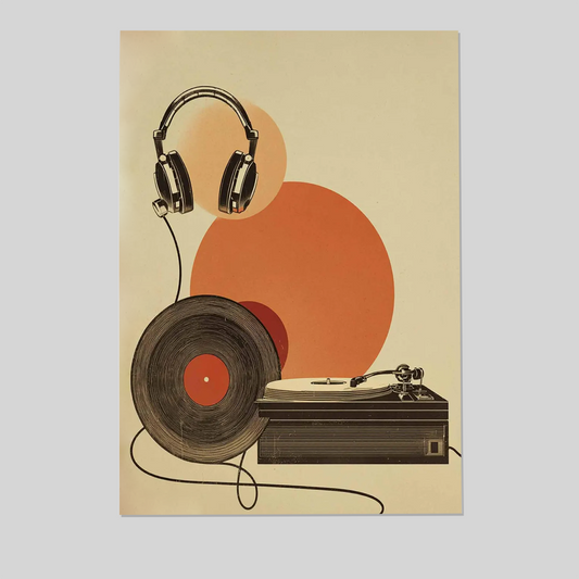 70s Music Poster, Retro Vinyl Record Player and Headphone Wall Art, Vintage Mid Century Modern Art Print