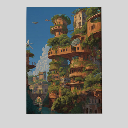 Solarpunk City Art Print - Futuristic Green Architecture - Fantasy City Illustration - Eco Sci Fi Wall Art