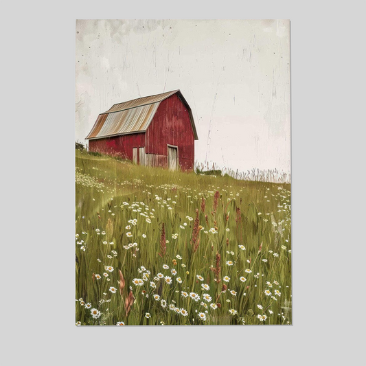 Red Barn Poster, Vintage Farmhouse Decor, Farm Print, Wildflower Field, Countryside Landscape, Old Barn Painting,Country Home Decor Poster