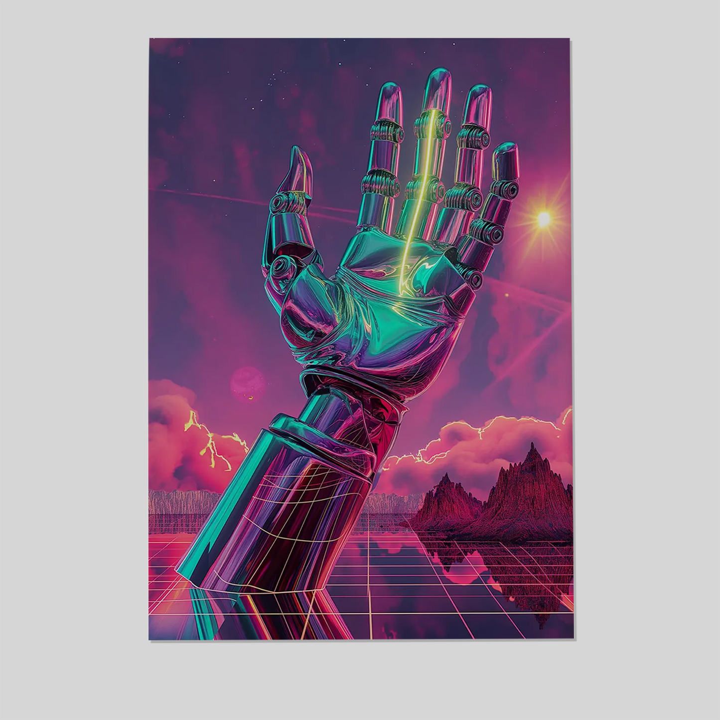 Cyberpunk Robot Hand Wall Art - Neon Retro Futuristic Print - Synthwave Sci Fi Poster - Vaporwave Aesthetic Home Decor