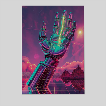 Cyberpunk Robot Hand Wall Art - Neon Retro Futuristic Print - Synthwave Sci Fi Poster - Vaporwave Aesthetic Home Decor