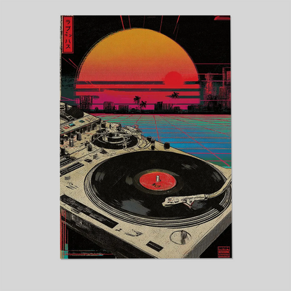 Retro Vinyl Poster, Synthwave Music Art Print, 80s DJ Turntable Wall Decor, Vaporwave Sunset Artwork, Neon Retro Home Design
