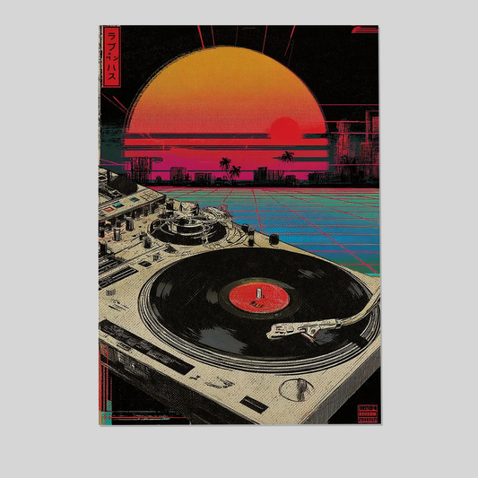 Retro Vinyl Poster, Synthwave Music Art Print, 80s DJ Turntable Wall Decor, Vaporwave Sunset Artwork, Neon Retro Home Design