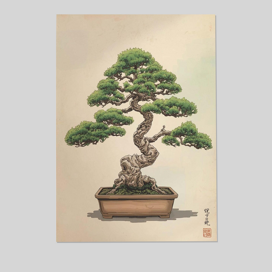 Ancient Pine Bonsai Tree Wall Art Print – Japanese Vintage Aesthetic Wall Decor – Zen Nature Illustration
