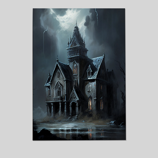 Gothic Mansion Oil Painting Print | Spooky Vintage Home Decor